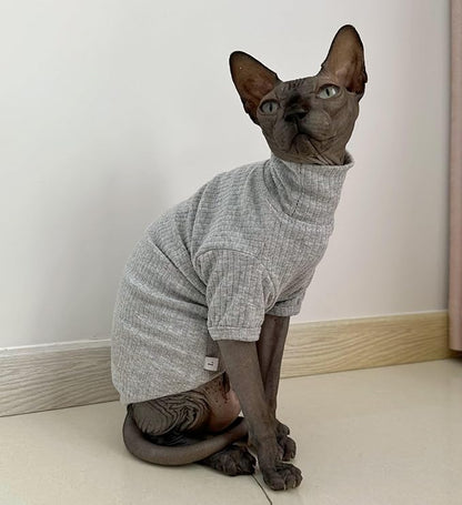 Sphynx Hairless Cats Shirt Cotton Cat Turtleneck Sweater Pullover Kitten T-Shirts with Sleeves Cat Pajamas Jumpsuit for Sphynx Cornish Rex, Devon Rex, Peterbald (X-Large (Pack of 1), Light Grey)