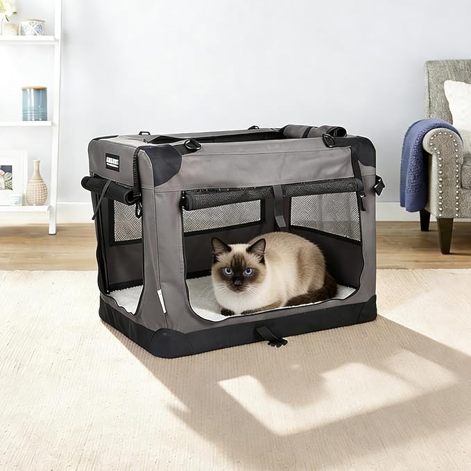 JESPET Soft Cat Crates Kennel, 3 Door Soft Sided Folding Travel Pet Carrier with Straps and Fleece Mat for Dogs, Cats(Dark Grey, Medium(27" L x 20" W x 20" H))