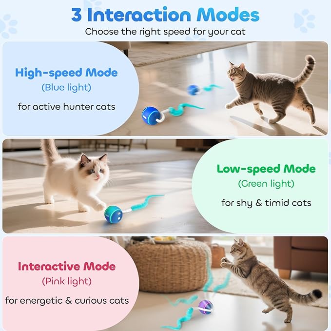 ddxcoo Automatic Interactive Cat Toy Ball for Indoor Cats, Carpet-Safe with Tangle-Free Tail, 3-Mode Touch Activated, Gen 3 High-Capacity 800mAh Battery (6-8H Play), Includes 2 Tails
