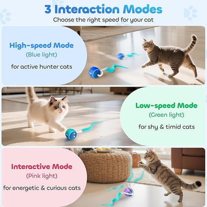 ddxcoo Automatic Interactive Cat Toy Ball for Indoor Cats, Carpet-Safe with Tangle-Free Tail, 3-Mode Touch Activated, Gen 3 High-Capacity 800mAh Battery (6-8H Play), Includes 2 Tails