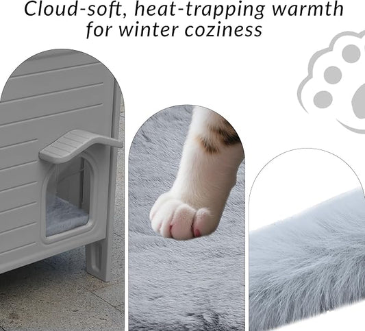 Weatherproof Insulated Outdoor Cat House with Mat for Feral Cat, Plastic Elevated Cat Shelter with Escape Door, Easy Assemble, Expansive Interior‌ Grey 27.0" L x 27.0" W x 21.0" H