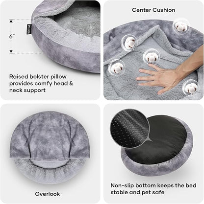 Cozy Soft Dog Bed with Hooded Blanket Warm Calming Cat Cave for Small Medium Dogs and Cats, Non-Slip Bottom & Machine Washable Pet Beds, Grey 23x23x6″