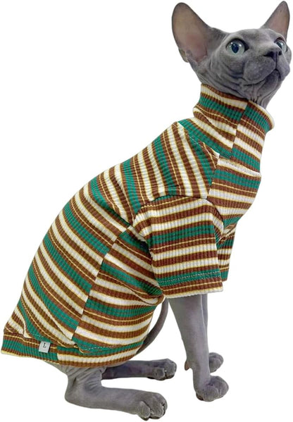 Turtle Neck Vintage Stripes Sphynx Hairless Cat Cotton T-Shirts Pet Clothes Vest Kitten Shirts Sleeveless, Cats & Small Dogs Apparel (Marsh, L (7-8.8 lbs))