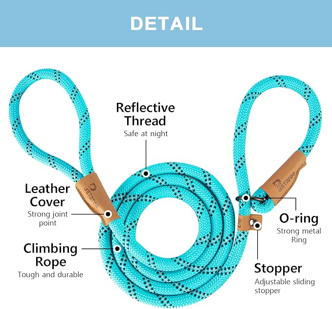 5 FT Slip Lead Dog Leash, Heavy Duty Rope Leash for Small Medium Large Dogs, No Pull Training Lead with Reflective Thread, Strong Comfortable Loop Leash (Teal Stripe, Medium(3/8"))