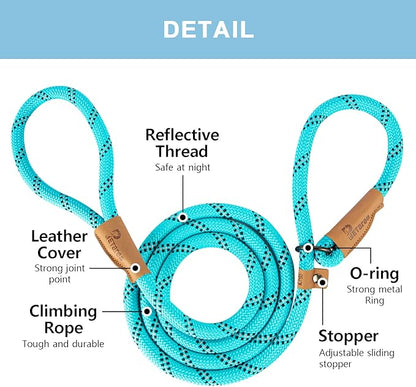 5 FT Slip Lead Dog Leash, Heavy Duty Rope Leash for Small Medium Large Dogs, No Pull Training Lead with Reflective Thread, Strong Comfortable Loop Leash (Teal Stripe, Medium(3/8"))