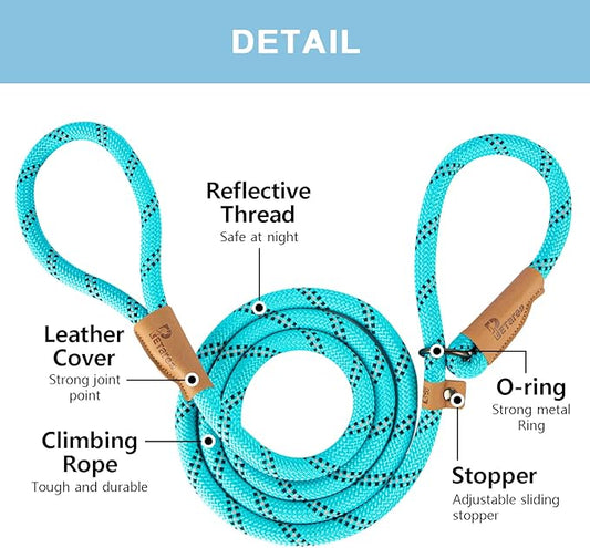 5 FT Slip Lead Dog Leash, Heavy Duty Rope Leash for Small Medium Large Dogs, No Pull Training Lead with Reflective Thread, Strong Comfortable Loop Leash (Teal Stripe, Medium(3/8"))