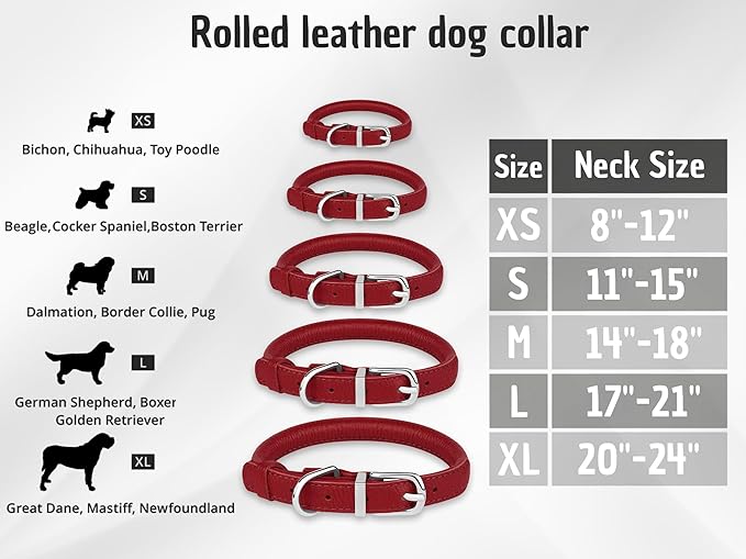 OOPSDOGGY Rolled Leather Dog Collar Soft Roll Collars for Small Medium Large Dogs Puppy (Red, M, 12"-15")