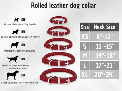 OOPSDOGGY Rolled Leather Dog Collar Soft Roll Collars for Small Medium Large Dogs Puppy (Red, M, 12"-15")