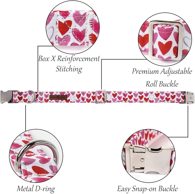 Lionet Paws Valentine's White Dog Collar, Cute Heart Dog Collar for Medium Dogs, Adjustable Cotton Pet Collars for Small Medium Dogs