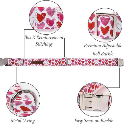 Lionet Paws Valentine's White Dog Collar, Cute Heart Dog Collar for Large Dogs, Adjustable Cotton Pet Collars for Large Dogs