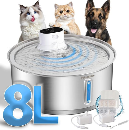 Petsamuse Wireless Dog Water Fountain, 2.1Gal/8L Battery Operated Stainless Steel Pet Water Fountain Motion Sensor Dog Water Bowl Large Cat Bowl Inside with 3 Filters and 2 Ultra Quiet Pumps
