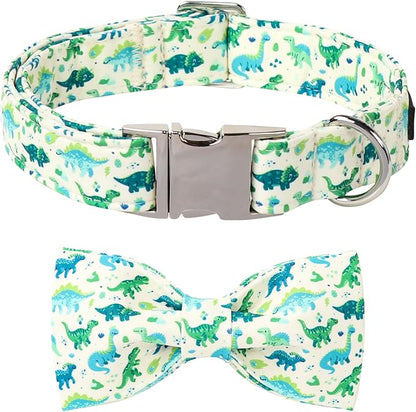 Lionet Paws Dinosaur Dog Collar with Bowtie, Cute Summer Beige Dog Collar for Girl for Large Dogs, Adjustable Cotton Pet Collars for Medium Large Dogs