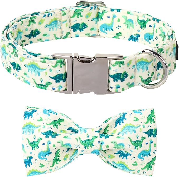 Lionet Paws Dinosaur Dog Collar with Bowtie, Cute Summer Beige Dog Collar for Girl for Large Dogs, Adjustable Cotton Pet Collars for Large Dogs
