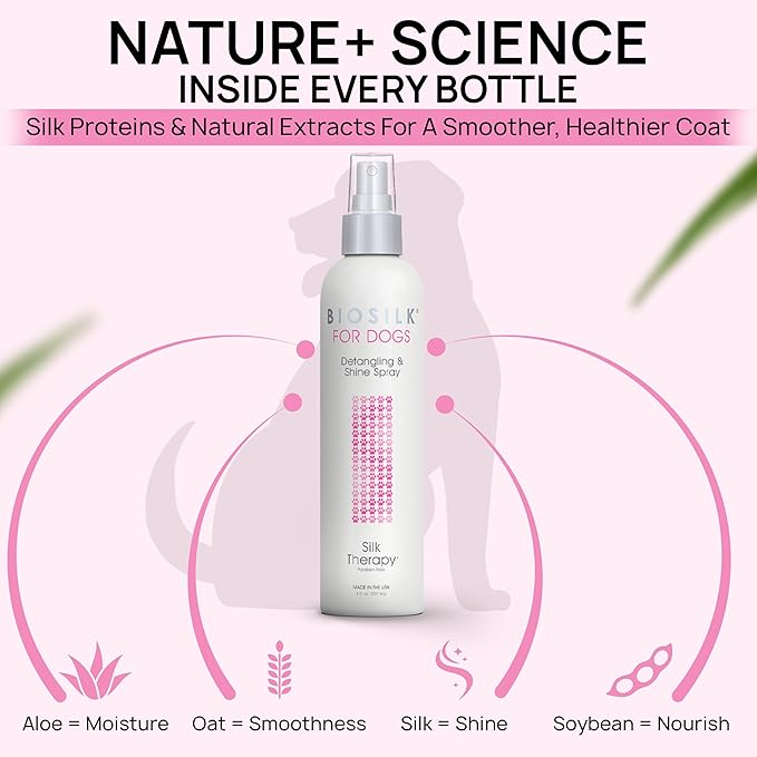 BioSilk for Pets Silk Therapy Detangling Plus Shine Mist for Dogs - Reduces Matted Fur, Shiny & Soft Coat - Suitable for All Dogs & Puppies, Made in USA, 8 Fl Oz - 2 Pack