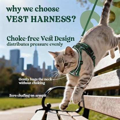 rabbitgoo Cat Harness and Leash for Walking, Escape Proof Soft Adjustable Vest Harnesses for Cats, Easy Control Breathable Reflective Strips Jacket,Rainforest Green,M