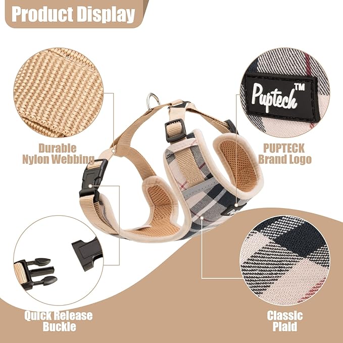 PUPTECK Small Dog Harness and Leash Set, No Pull Adjustable Puppy Cat Harness, Reflective Soft Mesh Pet Vest Small Sized, Beige Plaid, XS