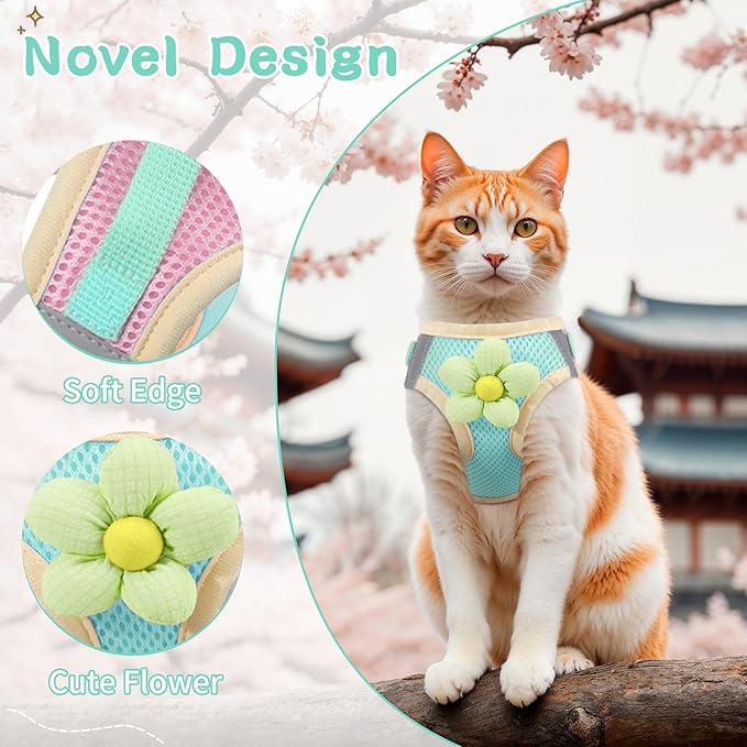 NCMAMA Cat Harness and Leash Set for Walking Escape Proof, Adjustable Kitten Harness Breathable Mesh with Reflective Strips Harness with Flower for Kitty Puppy Bunny Green XS