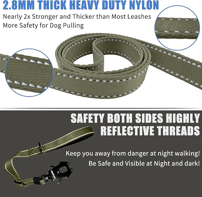 Strong Heavy Duty Dog Leash - Adjustable 15"-18" Reflective Nylon Training Leash with Padded Handle & Frog Clip, Traffic Control for Large Medium Dogs No Pull Walking Army Green