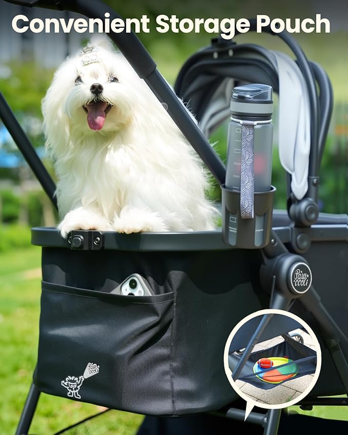 Pawccoli Pet Stroller for Small Dogs and Cats, One-Click Foldable Dog Stroller with Detachable Carrier & 3 Safety Tethers, Holds up to 33 lbs, Storage Basket & Cup Holder, Breathable Mesh, Black
