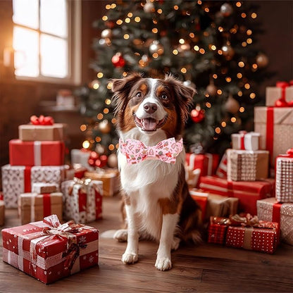 Christmas Dog Collar with Bow Tie - Sweet Chsiatmas Festival Pattern Pink Puppy Collar, Adjustable Metal Buckle Winter Bowtie Dog Collars for Small Medium Large Dogs M