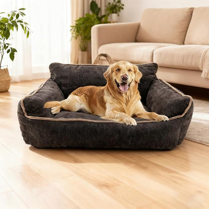 RAFASAFA Large Orthopedic Dog Sofa Bed with Sides, Carry Handle & Side Pockets .Plush Chenille Orthopedic Pet Bed Couch for Large Dogs.Portable Snuggler for Indoor Use, Travel & Recovery (Black)