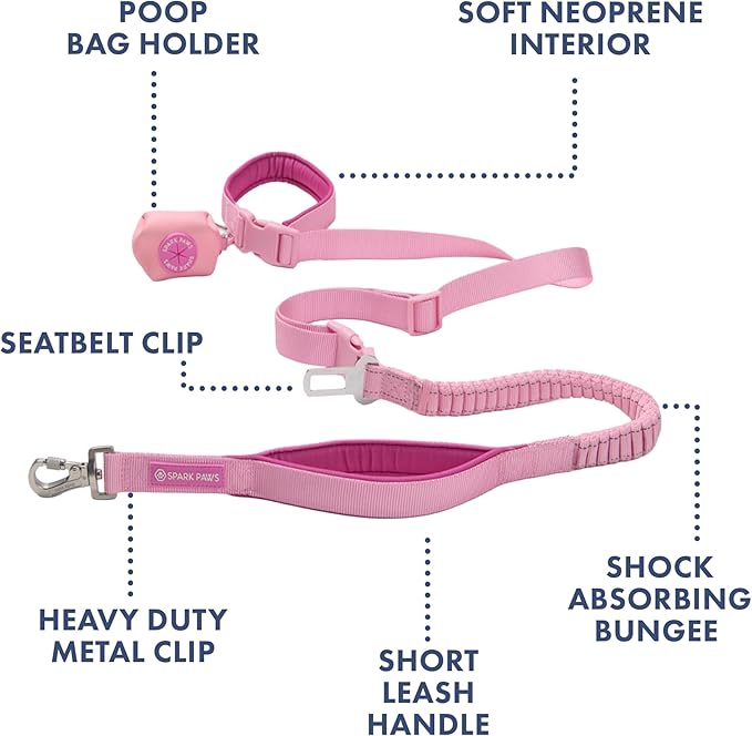 Spark Paws Handsfree Dog Leash – Shock Absorbing Waist Bungee Lead for Running, Car Seatbelt Clip & Poop Bag Set, Heavy Duty Tactical Lead for Medium, Large & X-Large Breeds - Pink