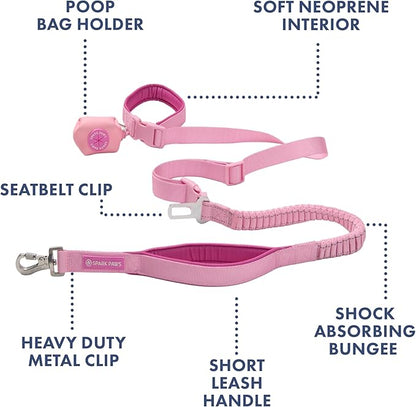 Spark Paws Handsfree Dog Leash – Shock Absorbing Waist Bungee Lead for Running, Car Seatbelt Clip & Poop Bag Set, Heavy Duty Tactical Lead for Medium, Large & X-Large Breeds - Pink
