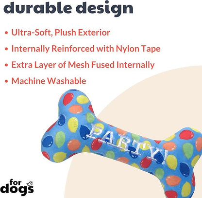 Huxley & Kent Funny Dog Toy w/Squeaker – Birthday Power Plush Squeaky Dog Toys for Small, Medium & Large Dogs – Soft Stuffed Animal for Indoor Play & Fetch - Party Time Blue Bone, Large