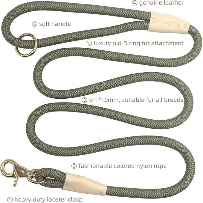 Lobster Snap Pet Leash 5FT, Special Strong Nylon Rope Dog Leash, Solid Color Rope Dog Lead for All Breeds (Army Green,5ft*10mm)