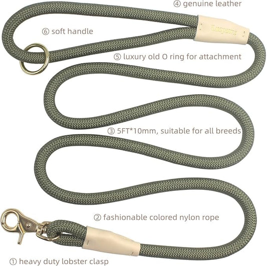 Lobster Snap Pet Leash 5FT, Special Strong Nylon Rope Dog Leash, Solid Color Rope Dog Lead for All Breeds (Army Green,5ft*10mm)