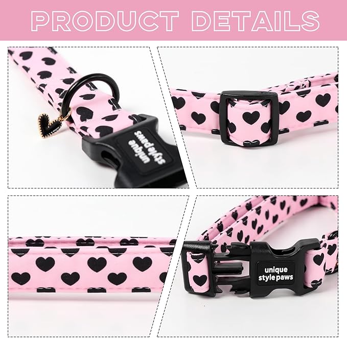 Unique Style Paws Valentine Dog Collar Plastic Buckle with Pendant Black Pink Love Heart Cotton Puppy Collars for Small Medium Large Dogs
