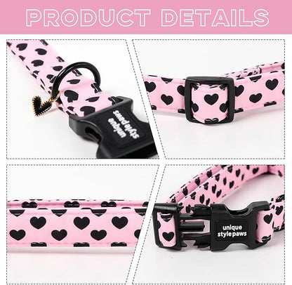 Unique Style Paws Valentine Dog Collar Plastic Buckle with Pendant Black Pink Love Heart Cotton Puppy Collars for Small Medium Large Dogs