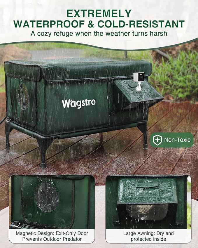 Wagstro Heated Cat House for Outside with Smart Pet Camera, Highly Elevated with Escape Door, Insulated Waterproof Outdoor Cat House Shelter for Feral Stray Barn Cat (Army Green, 25.6"x16.5"x18.5")
