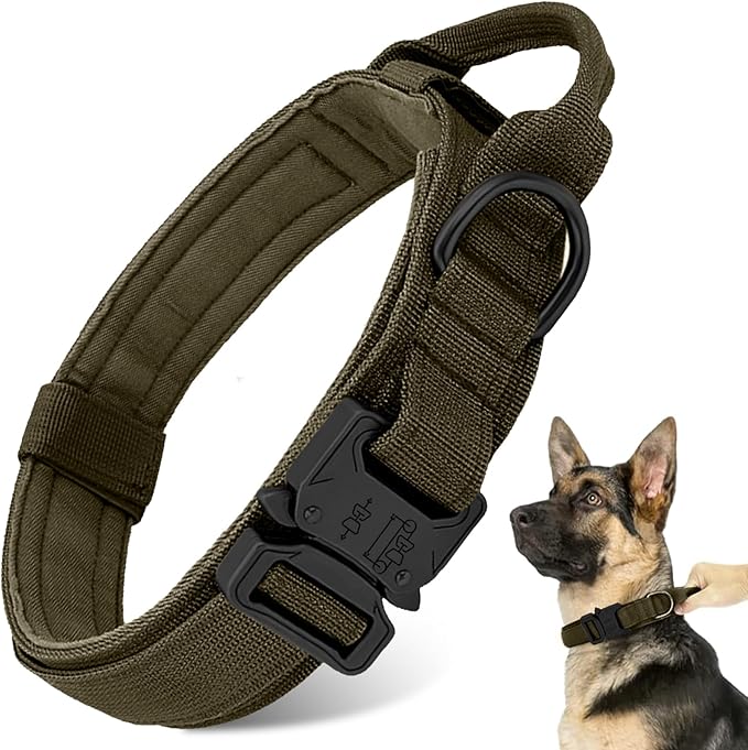 Tactical Military Dog Collar - Adjustable Heavy Duty Metal Buckle Nylon Collar with Control Handle for Small to Large Dogs (Green, L)