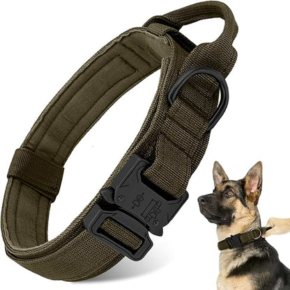 Tactical Military Dog Collar - Adjustable Heavy Duty Metal Buckle Nylon Collar with Control Handle for Small to Large Dogs (Green, L)