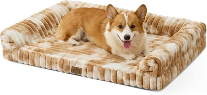 COZY KISS Cute Dog Bed for Medium Dogs, Faux Rabbit Fur Orthopedic Foam Dog Bed with Sides, Removable Washable Cover & Waterproof Lining, Comfortable Pet Couch, Tie-Dye Brown (36" L x 20" W x 6" Th)