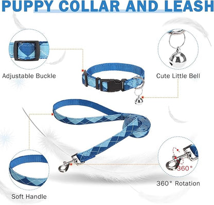 SCENEREAL Small Dog Harness and Leash Collar Set, Step in No Pull Soft Mesh Dog Harnesses for Small Medium Sized Dogs Puppy and Cats Outdoor Walking, No Chock Reflective Vest Harness, Blue Plaid XS