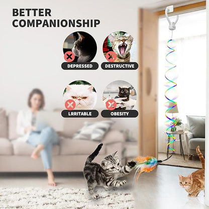 PANRIO Interactive Cat Toys for Indoor Cats, Automatic Hanging Door Feather Toy Mouse & Ribbon Wand Teaser,USB-Rechargeable Self Play Chase Exercise Feather Toys for Bored Indoor Adult & Kitten Cats