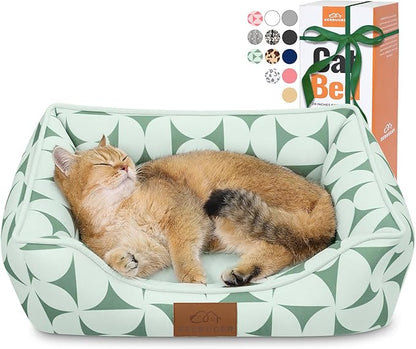 Rectangle Cat Dog Bed for Large Medium Small Pets Indoor Outdoor Machine Washable Sleeping Sofa Non-Slip Bottom Soft Puppy Bed Durable Orthopedic Calming Pet Cuddler (Small, Green Pattern)