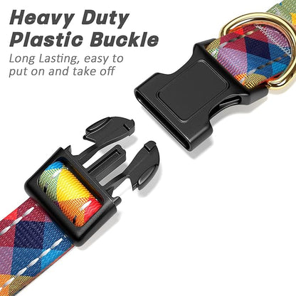 Reflective Dog Collar for Large Dogs, Cute Boho Adjustable Heavy-Duty Nylon Puppy Collar for Boy and Girl Female, Soft Pet Accessories with Quick Release Buckle, Colorful Tartan