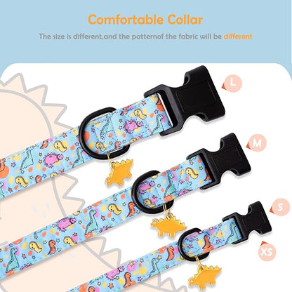 Faygarsle Dog Collar for Small Medium Large Dogs Cute Blue Puppy Collars for Male Dogs Dinosaur Patterned Pet Collars for Summer Spring Wedding Puppy Necklace Boy Dog Collar M