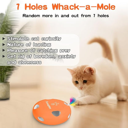 Scsuupoee Interactive Cat Toy, Electric Cat Toys for Moving Concealed Feathers, Smart Sensor 7 Holes Whack a Mole Feather Toy, USB Charge Automatic Kitten Toys,Orange