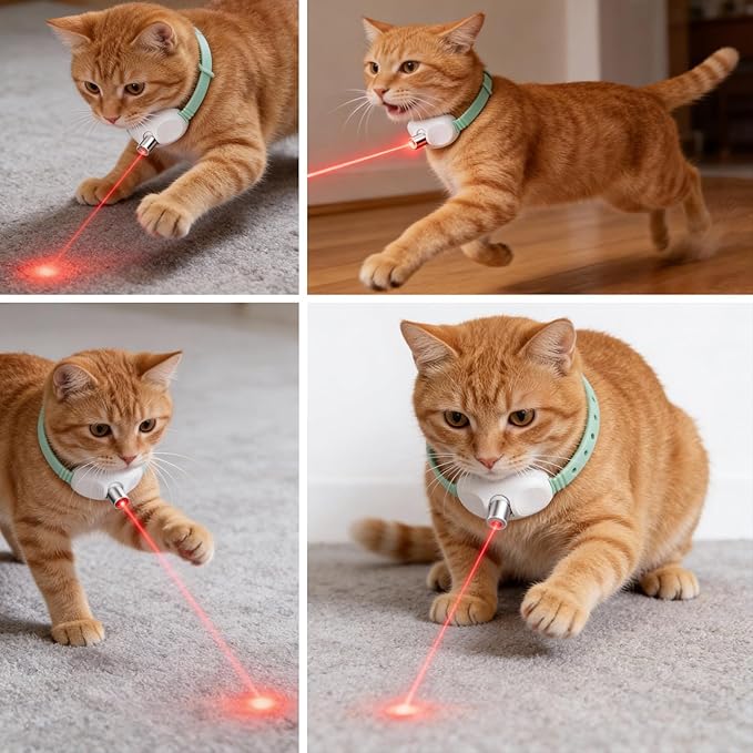 Walfront Cat Toys, Interactive Green Light-Up Collar with Automatic Chasing, USB Rechargeable Adjustable Fit 9.1–13.4"(23–34cm) 2 Modes Wide Beam Angle, Indoor Play for Bored Cats, Fun Exercise