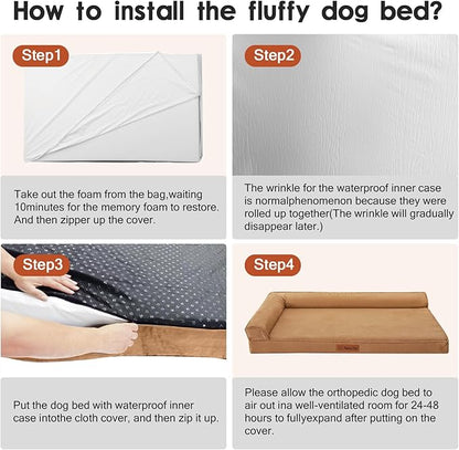 Rainmr Orthopedic Dog Bed for Large Dogs, 44"x32"x6" Memory Foam Pet Bed with Washable Microsuede Cover, TPU Waterproof Liner & Nonskid Bottom, for Indoor, Outdoor, Crate ＆ Car Use, Khaki