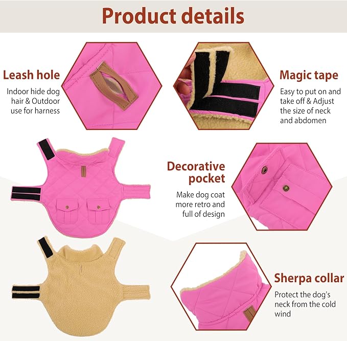 Winter Coat for Medium Dogs, Puppy Plaid Jacket, Cotton Coat for Cold Weather, Windproof Warm Dog Garments, Pet Thickened Outfits Indoor Outdoor, Pink M