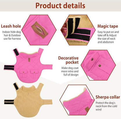 Winter Coat for Medium Dogs, Puppy Plaid Jacket, Cotton Coat for Cold Weather, Windproof Warm Dog Garments, Pet Thickened Outfits Indoor Outdoor, Pink M