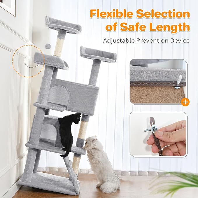 Made4Pets Cat Tree 54in Cat Tower for Indoor Cats Kitten Tree Multi-Level Cat Tree with 2 Condo Furniture Activity Center with Scratching Posts Funny Toys Kittens Pet Play House, Light Grey