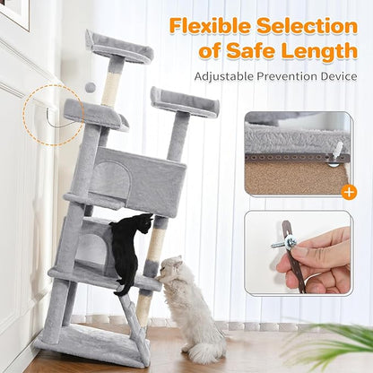 Made4Pets Cat Tree 54in Cat Tower for Indoor Cats Kitten Tree Multi-Level Cat Tree with 2 Condo Furniture Activity Center with Scratching Posts Funny Toys Kittens Pet Play House, Light Grey