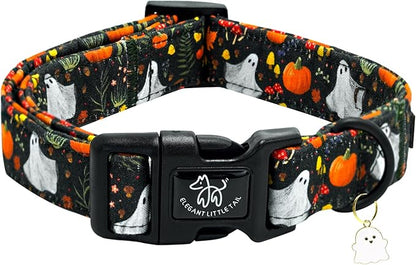 Elegant little tail Halloween Dog Collar, Pumpkin with Ghost Print Black Halloween Pet Collars Cotton Soft Sturdy Puppy Collars Holiday Female Adjustable Collar for Large Dogs
