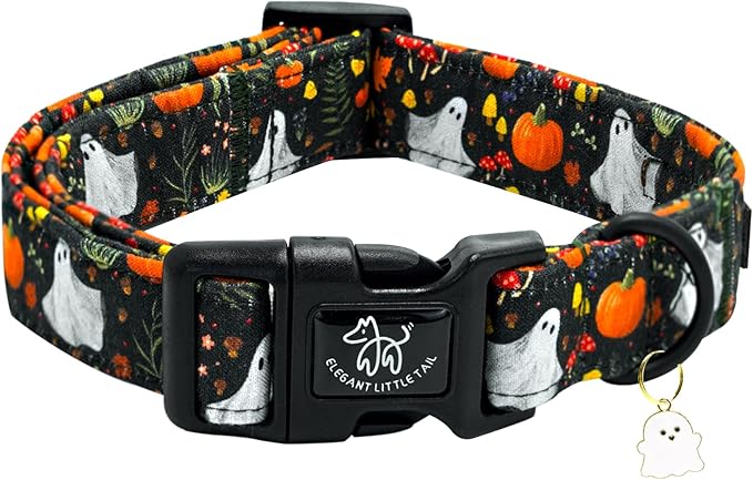 Elegant little tail Halloween Dog Collar, Pumpkin with Ghost Print Black Halloween Pet Collars Cotton Soft Sturdy Puppy Collars Holiday Female Adjustable Collar for Small Dogs